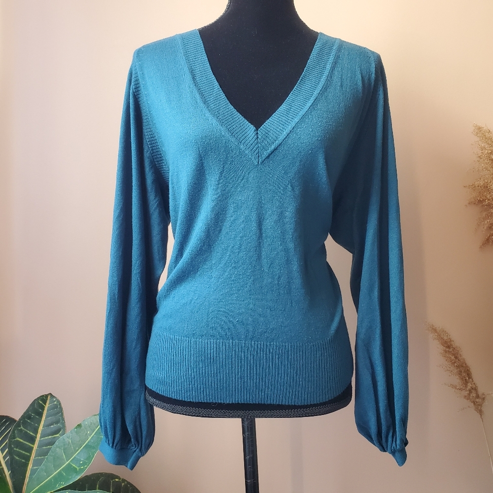 FCUK Classic V-Neck Long Sleeve Soft Knit Sweater in Dark Turquoise